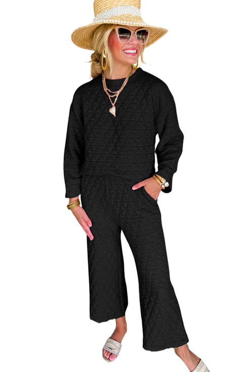 Solid Quilted Pullover and Pants Outfit